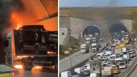 Sabiha Gökçen Havalimanı Tüneli'nde TIR yangını! Trafik yoğunluğu yaşanıyor