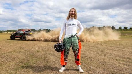 Sam Ryder is all smiles as he heads to Car Fest in huge rally car complete with anti-bacterial seats & magnetic plates