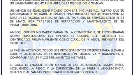Un premilitar fallece por ahogamiento en un regimiento de Santa Cruz