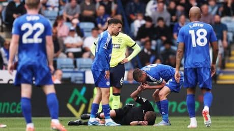 Premier League referee collapses and Jamie Vardy blows whistle to halt match