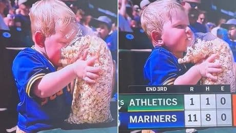 Young Mariners fan BURIES his face into popcorn as clip of epic moment goes viral