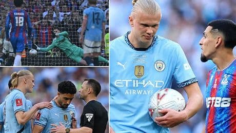 Crystal Palace star reveals what Erling Haaland told him after handing FA Cup final penalty to Omar Marmoush - who saw effort saved
