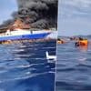Beelden tonen hoe ferry in Indonesië in lichterlaaie staat: tientallen passagiers wachten in het water op redding