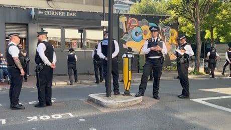 Police outnumber anti-migrant protesters outside Islington hotel