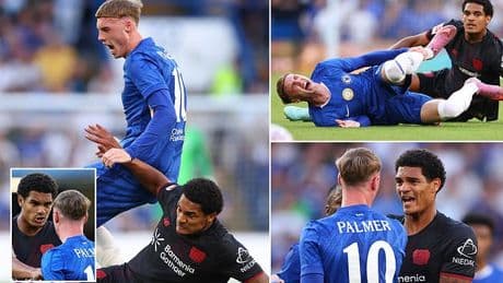 Former Liverpool star clashes with England team-mate Cole Palmer after late challenge in fiery Chelsea friendly left the Blues man limping
