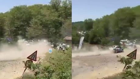Ralli yarışında panik yaratan anlar! Yarış aracı seyircilerin bulunduğu bölgeye savruldu