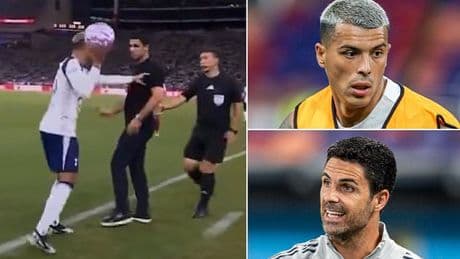 Astonishing moment Mikel Arteta is PUSHED back by Tottenham star Pedro Porro during pre-season friendly in Hong Kong - as fans label Arsenal boss the most unlikeable man in football'