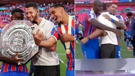 Crystal Palace players mob former skipper live on air and hand him winner's medal after Community Shield triumph against Liverpool
