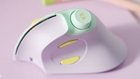 This vertical mouse includes a volume knob with playback controls
