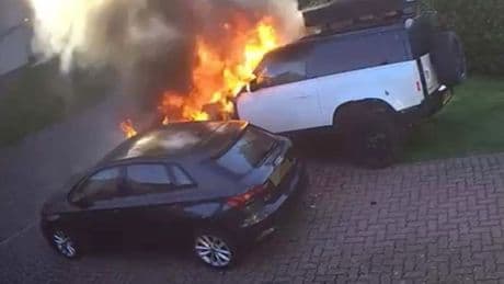 Footage shows firebomb thugs torching luxury Land Rover at plush home of mob boss's pal