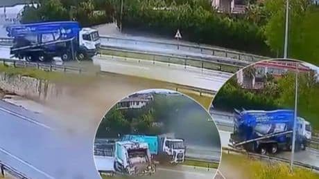 Büyükçekmece’de kayganlaşan yolda 3 kamyon kaydı, facianın eşiğinden dönüldü