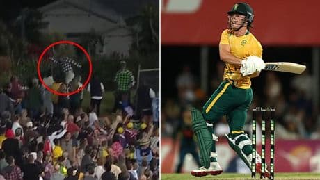 Hilarious catch attempt by cricket fan almost ends in disaster: 'Is he impaled?'