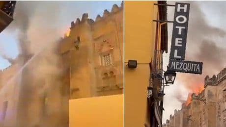 Spagna, incendio nella Moschea-Cattedrale di Cordova: fiamme e colonne di fumo si alzano dalle mura del monumento