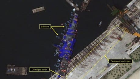 North Korea’s half-sunk warship hauled UPRIGHT with giant balloons as cause of disaster that humiliated Kim is revealed