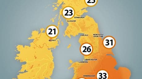 Map shows where UK set to reach 34C in record temperatures this week