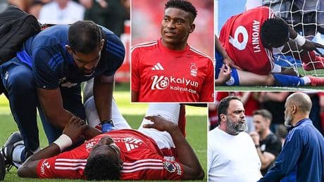 Nottingham Forest striker Taiwo Awoniyi has emergency surgery in hospital having played on with injury after colliding with the post - in incident which left owner Evangelos Marinakis fuming