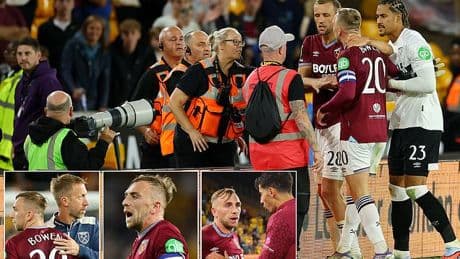 West Ham captain Jarrod Bowen has to be pulled away from furious row with travelling fans after Graham Potter's struggling side's late collapse at Wolves