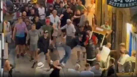 Shocking moment punches thrown as brawl erupts between Man Utd & Spurs fans in Spain ahead of Europa League final