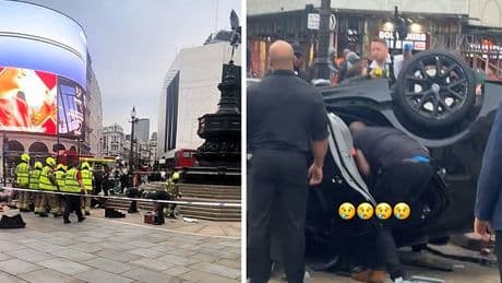 ‘Heroes’ pull men from smoking wreckage of BMW that flipped in Piccadilly Circus