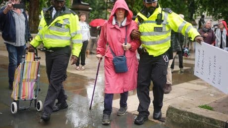 Police arrest protesters in central London for holding placards supporting Palestine Action
