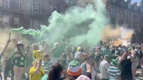 Hundreds of Celtic fans descend on Glasgow's Trongate for title party