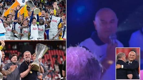 Daniel Levy hails Ange Postecoglou and Tottenham's 'history makers' in passionate speech as Spurs end their 17-year trophy drought with win over Man United in the Europa League final