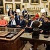 European leaders hang on Trump's every word 'like schoolchildren' in remarkable White House picture showing Zelensky, Macron, Meloni and Merz sitting around his Resolute Desk