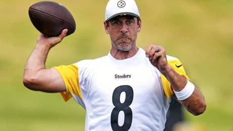 Aaron Rodgers intercepted on first pass in rough start to Steelers training camp