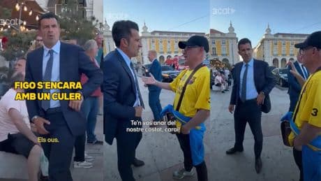 Luís Figo se encara con un aficionado del Barça que le llama &quot;traidor&quot; y le dedica un gesto obsceno: &quot;Los huevos&quot;