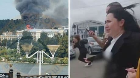 Panic as screaming Russians flee Ukraine strike on key military facility