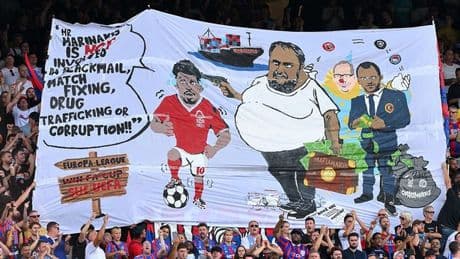 FA investigate banner showing Nottingham Forest owner holding gun to Morgan Gibbs-White's head