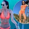Myleene Klass sets pulses racing in a neon orange bikini as she lounges on a catamaran during a lavish trip to Greece