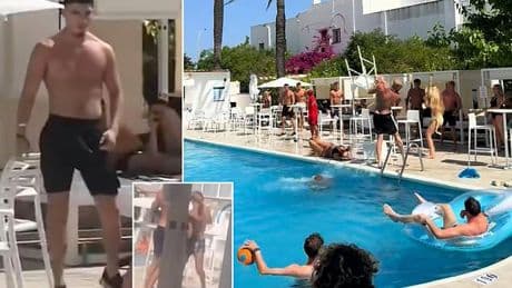 Football yob who knocked out woman with chair during feisty poolside Ibiza brawl breaks silence to reveal reason behind his violent act