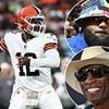 Shedeur Sanders celebrates his first NFL touchdown pass during his preseason debut for Browns