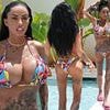 Katie Price shows off the results of her 'painful' botched BBL in a TINY rainbow bikini as she enjoys a pool day in Ibiza after sparking concern with her shrinking frame