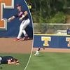 Terrifying moment two players collide into each other at college baseball tournament