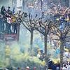 Leeds United fans shut down the city as they pack out the streets, climb up trees and set off smoke bombs to toast their Premier League promotion heroes on victory parade
