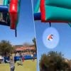 KIJK. Schokkende beelden tonen hoe springkasteel lucht in wordt getild, oplettende ouders kunnen erger voorkomen