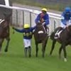 Insane moment jockey holds on for dear life as French rider clings onto TWO horses at once after falling off favourite during jump
