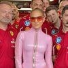 Fans spot awkward detail in JLo's Formula One picture after visiting Ferrari garage in skintight pink bodysuit: 'We all know what he's looking at'