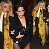 Sabrina Carpenter turns heads in a canary yellow frock coat as she links arms with leggy Jenna Ortega outside A$AP Rocky's star-studded Met Gala after-party in rainswept New York