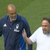 Bizarre moment Nottingham Forest owner Evangelos Marinakis marches onto the pitch to remonstrate with coach Nuno Espirito Santo as underdogs' Champions League hopes fade after draw against Leicester