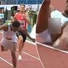 Watch the awkward moment US sprinter has a wardrobe malfunction... but still manages to save first place